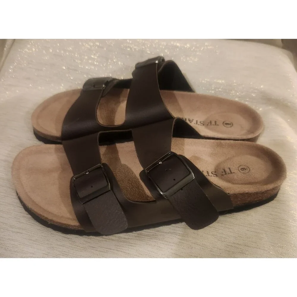 TF Star Brown Leather Unisex Flat Strap Sandals Adjustable Buckle Size 9